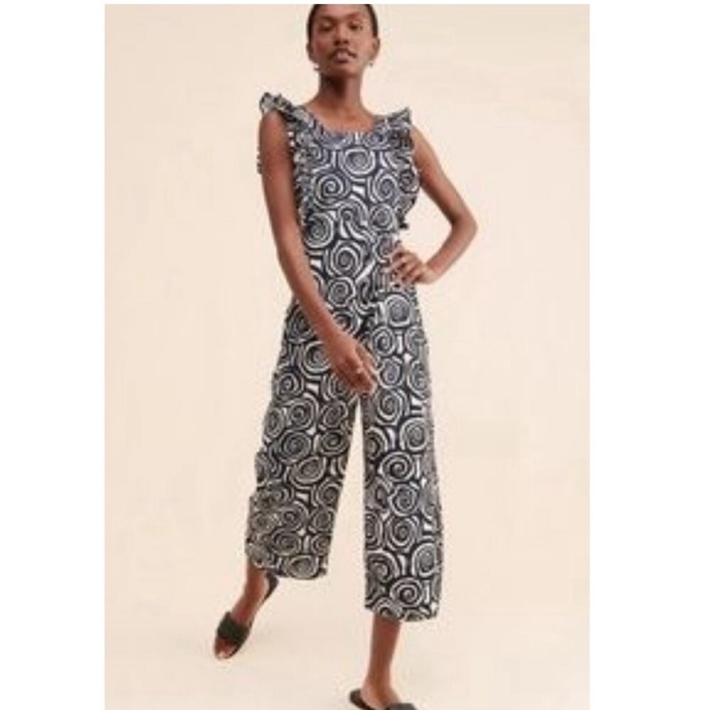 Anthropologie Dazey LA Tripnosis Rufflealls Swirl Jumpsuit Retro Black Small